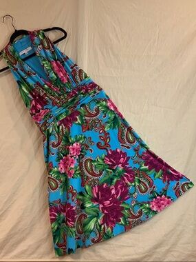 Evan Picone Turquoise Halter Maxi Dress with Pink & Green Floral Print